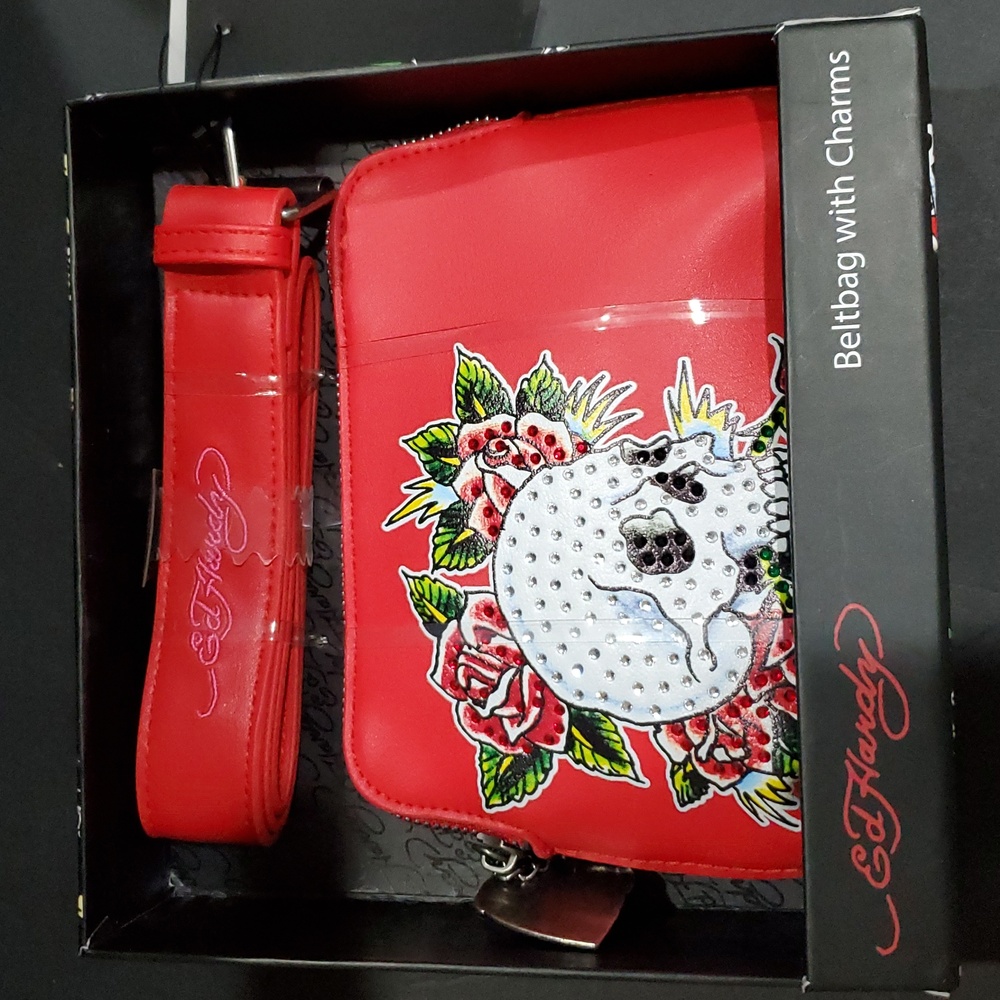 Ed hardy red iconic Ed Hardy studded skull and roses printed belt bag brand new - Picture 11 of 11